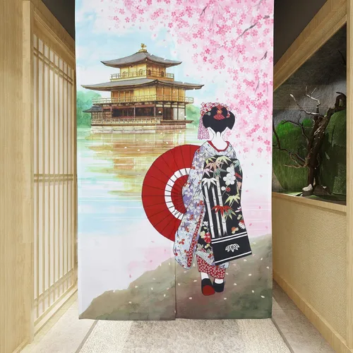 Vista 2 de Cortina japonesa Noren para puerta de Kyoto Geisha Girls con templo flor de cerezo para puerta de cocina, tapiz para decoración del hogar, 33 x 59