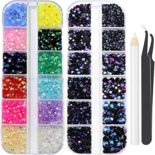 Vista 17 de 3520 diamantes de imitación de uñas color dorado champán para uñas, multiformas con parte trasera plana, diamantes de imitación redondos