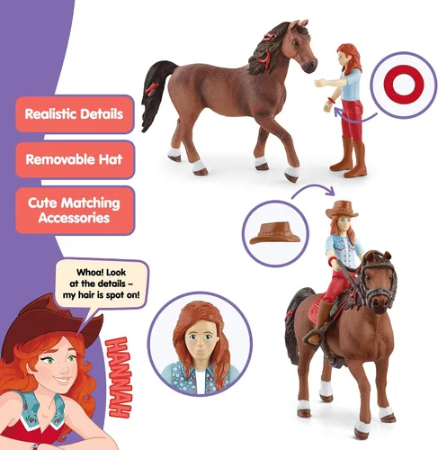 Vista 4 de Schleich Horse Club - Juego de 10 piezas de Hannah y Cayenne - Juguetes de caballo y jinete para niñas y niños con accesorios de equitación - Set
