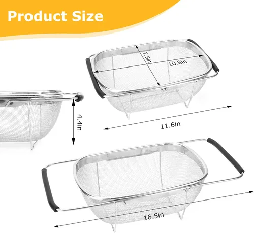 Vista 3 de ZDRongZhen Accesorios de Cocina Colador Escurridor Cesta Sobre el Fregadero, Colador de Acero Inoxidable con Agarre de Goma Expandible Escurridor