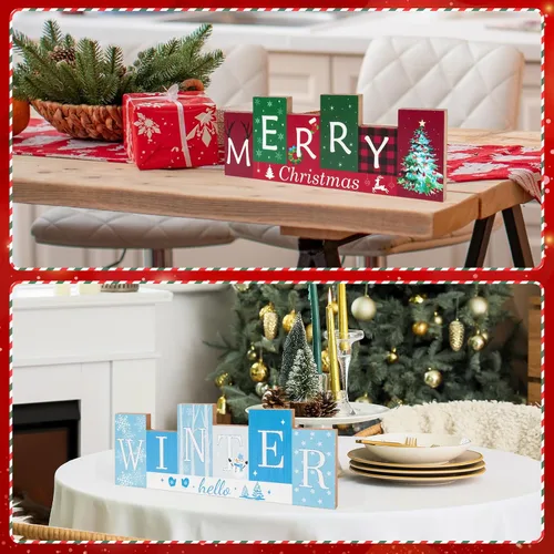 Vista 6 de Decoraciones de mesa de Navidad, centros de mesa de invierno de madera, Feliz Navidad, reversible, patrón de doble cara, letrero de pie para mesa