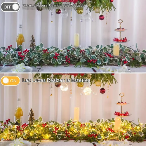 Vista 5 de Suddus 40 luces LED de Navidad con pilas, tira de luces de 12.5 pies con bayas rojas y hoja de acebo, temporizador remoto, guirnaldas artificiales