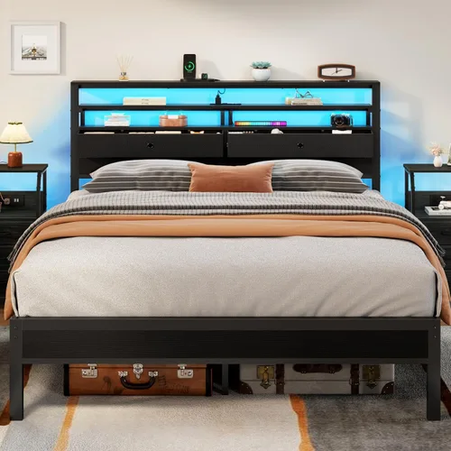 Vista 10 de Furnulem - Base de cama individual con estación de carga y luces LED, roble negro
