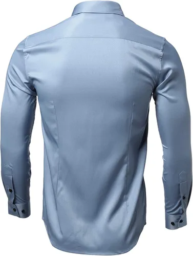 Vista 4 de FLY HAWK Camisas de vestir para hombre, ajuste delgado, manga larga, elástica, fibra de bambú, con botones