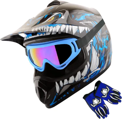Vista 19 de WOW Casco de motocross BMX MX ATV para niños y jóvenes, casco Dianosour Dragon + gafas + guante marciano juvenil: paquete HJOY MG