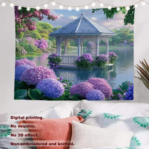 Vista 2 de Batmerry Peaceful Retreat Beautiful Landscape Polyester Tapestry, Blooming Garden Setting Lightweight Wall Hanging High-Definition Print Backdrop
