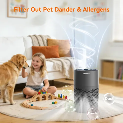 Vista 3 de AIRROMI Purificador de aire para mascotas para alergias en el hogar, hasta 660 pies ². Filtro de carbón activado desodorizante HEPA, con esponja