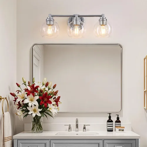 Vista 2 de Lámparas de baño de 3 luces, moderna lámpara de tocador con pantalla de cristal de globo, luces de baño cromadas plateadas sobre espejo, luces