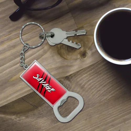 Vista 2 de Savage Pinza para Mark Rojo y Negro Rectángulo Metal chapado en cromo plateado Botella Cap abridor Llavero