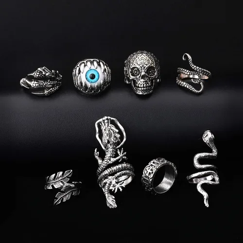 Vista 7 de Honsny 15Pcs Vintage Silver Punk Knuckle Rings for Men Women Cool Gothic Ring Cute Animal Statement Open Ring Set Snake Dragon Stackable Finger