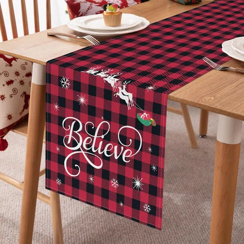 Vista 3 de Bonhause Camino de Mesa Navideño a Cuadros Buffalo Rojo y Negro de 13x72 Pulgadas Xmas Believe Trineo Decoración Estacional de Invierno para Mesa