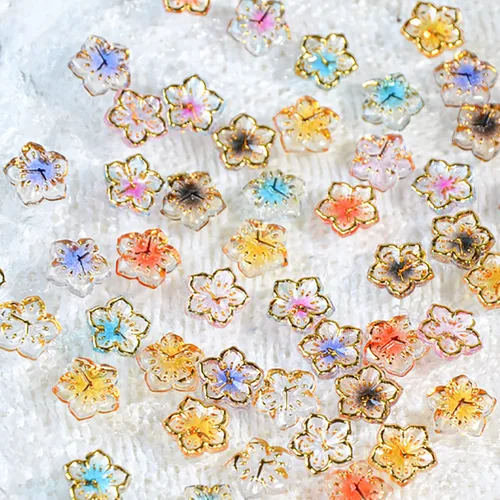 Vista 7 de 50 dijes de uñas acrílicas 3D coloridas con borde dorado, resina esmaltada, para uñas, pétalos, arte de uñas, dijes florales para mujer, arte de uñas