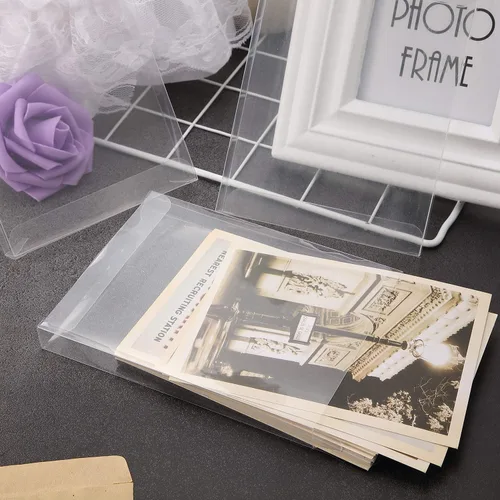 Vista 5 de Blulu 100 paquetes de cajas de cristal de plástico transparente para tarjetas de felicitación, fundas de almacenamiento de fotos, diseño plegable