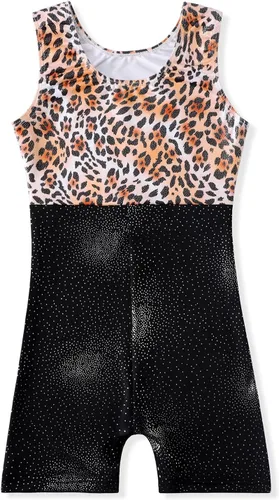 Vista 2 de Leotardo de gimnasia con shorts para niñas, sin mangas, para ciclismo, con diseño de mariposas y flores con brillo, color negro y rosado intenso