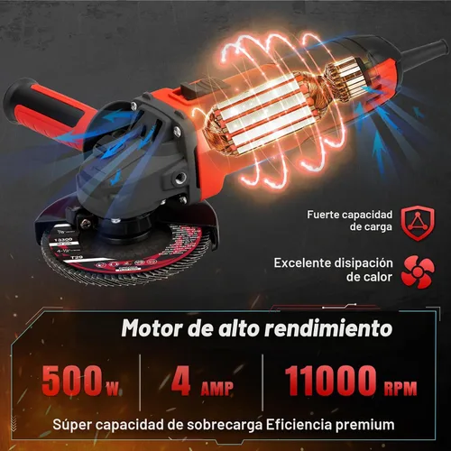 Vista 2 de SHALL Amoladora angular de 4-1/2 pulgadas, 11000 RPM, 4 amperios con 2 protecciones, 3 discos de corte, 3 muelas, mango antideslizante, llave