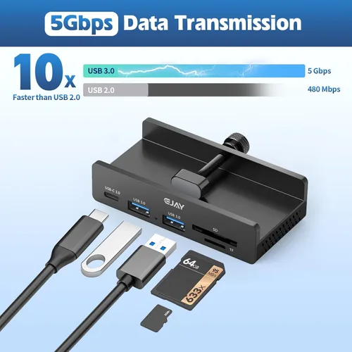 Vista 8 de EJAY Abrazadera USB Hub soporte de escritorio, 5 en 1 de aluminio montable USB C Hub con lector de tarjetas SD/TF, 59 pulgadas de largo cable debajo