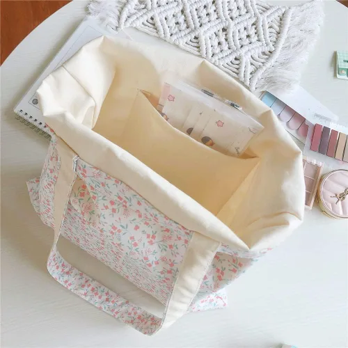 Vista 4 de Floral Canvas Tote Bag Double-Sided Printed Cloth Cotton Tote Floral Shoulder Bags for Beach Travel Shopping Grocery