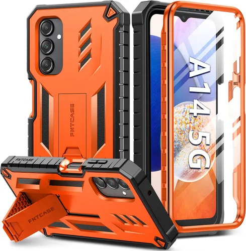 Vista 9 de FNTCASE Funda para Samsung Galaxy A14-5G: Funda de TPU resistente con textura de doble capa a prueba de golpes con soporte Protección contra Negro