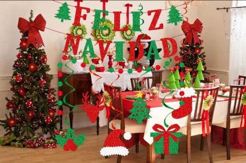 Vista 3 de Cartel de Feliz Navidad – Cartel de Navidad mexicana española, decoraciones de purpurina roja y verde para el hogar, mantel de fiesta (premontado)