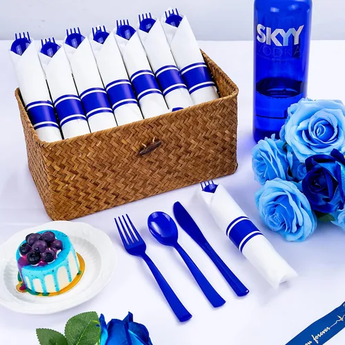 Vista 3 de Juego de 400 cubiertos de plástico azul preenrollados, cubiertos azules resistentes, incluye 100 utensilios desechables envueltos con servilletas