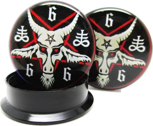 Vista 3 de Par de tapones para los oídos Baphomet 666 con pentagrama Tornillo acrílico 10 tamaños (58 pulgadas (0.630in)), Acrílico