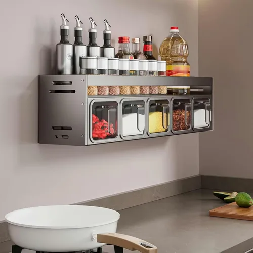 Vista 7 de Organizador de especias con 3 cajas – Estante fuerte montado en la pared/encimera para armario interior – Almacenamiento de hierbas de cocina