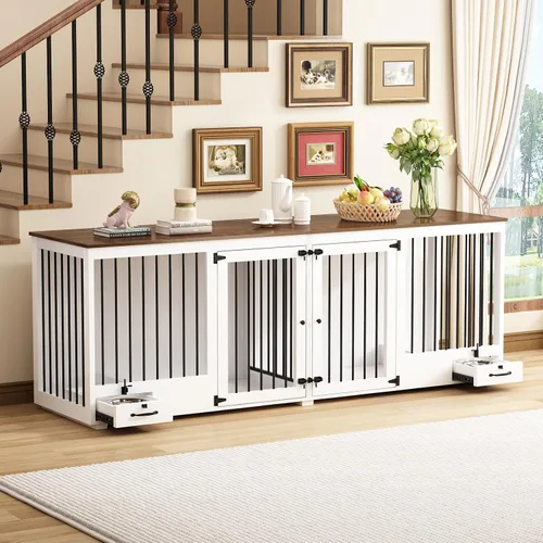 Vista 10 de Mueble estilo jaula para perros grande para 2 perros, perrera de madera resistente de 86.6" con cajones y divisor para comedero de perros, perrera