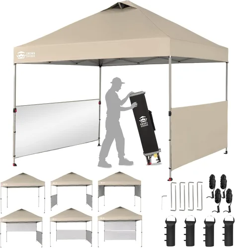 Vista 10 de CROWN SHADES Tienda de campaña con dosel, refugio portátil de 10 x 10 pies para exteriores con 2 medias paredes laterales, 1 cerradura central