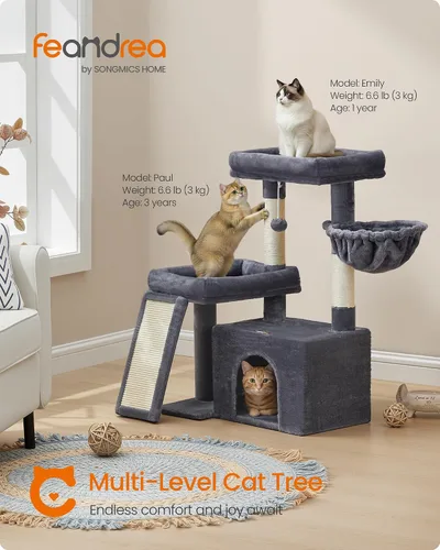 Vista 2 de Feandrea Árbol para gatos, torre para gatos con postes rascadores y rampa, 2 perchas grandes, cueva, canasta, 33.8 pulgadas de alto, gris oscuro