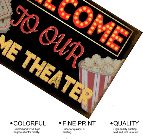 Vista 4 de EMOHAT Letrero de metal retro con texto en inglés "Welcome To Our Home Theater" (Bienvenido a nuestro cine en casa), póster de metal vintage