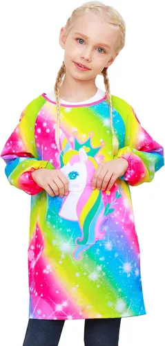 Vista 10 de PASHOP Bata de arte para niños, de unicornio, impermeable, para niñas, niños, manga larga, hasta la rodilla, con bolsillo (dinosaurio azul, 3-7 años)