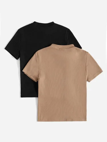 Vista 2 de Verdusa Paquete de 2 camisetas básicas de manga corta con cuello alto falso para mujer