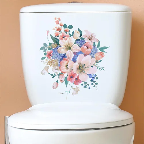 Vista 4 de Calcomanías de flores para tapa de asiento de inodoro, autoadhesivas, removibles, para la pared del baño, calcomanías para cubierta de tapa