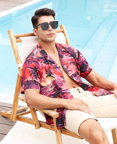 Vista 6 de MRIGNT Men's Hawaiian Shirt Short Sleeves Printed Button Down Summer Beach Shirts