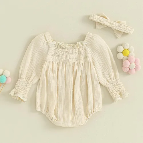 Vista 4 de Baby Girl Outfit Cute Ruffled Romper Long Sleeve Ruched Baby Bodysuit Newborn Baby Girl Clothes