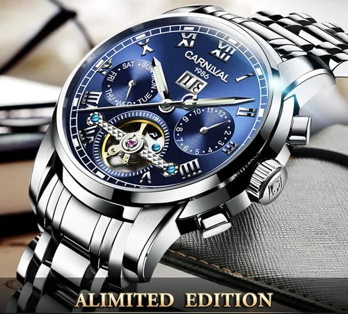 Vista 2 de CARNIVAL Mens tourbillon Automatic Mechanical Watch Silver Stainless Steel Multifunction Blue Watches