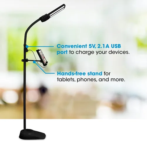 Vista 3 de OttLite Lámpara de pie LED de doble pantalla con soporte ajustable, amplia gama de iluminación con puerto de carga USB de 2.1 A integrado y cuello