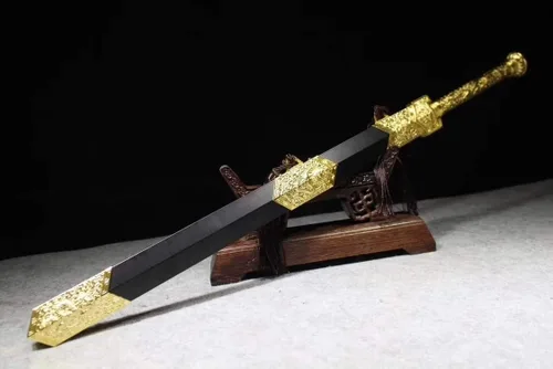 Vista 2 de Espada china, espada Han, hecha a mano (hoja de acero de alto carbono, aleación, vaina de madera negra) espiga completa