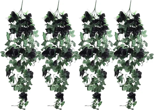 Vista 14 de RECUTMS - Guirnalda de flores artificiales colgantes de rosas negras, 2 guirnaldas florales falsas de 3.3 pies con 30 luces LED para pared