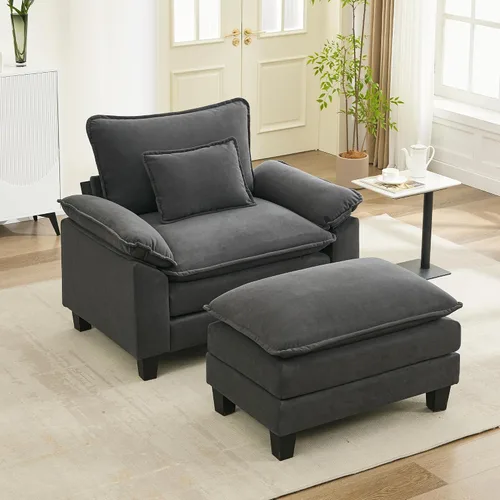Vista 45 de URRED - Sofá seccional modular tipo nube, cómodo sofá cama de chenilla moderna con asientos profundos y otomán/almohadas para sala de estar