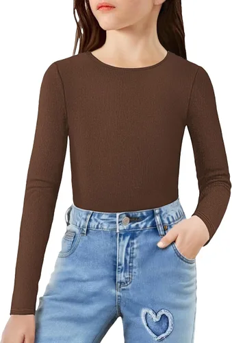 Vista 15 de Arshiner Camisas de punto acanalado de manga larga para niñas, suaves, ajustadas, cuello redondo, casual, capa base Blanco