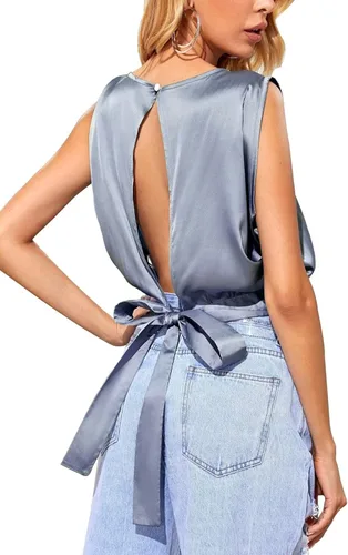 Vista 2 de LYANER Blusa corta de satén sin mangas con cuello bote para mujer