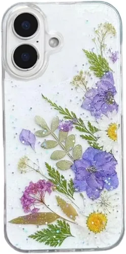 Vista 10 de Funda floral para iPhone 17 con flores reales prensadas, bonito diseño de flores secas prensadas transparentes con purpurina para mujer, suave TPU