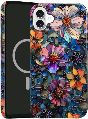 Vista 30 de Funda compatible con iPhone 13, compatible con MagSafe, funda híbrida de 2 capas con prevención de caídas brillante para niñas y niños, arte floral