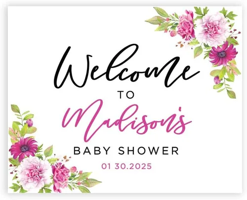 Vista 19 de Andaz Press Letrero de bienvenida personalizado de lona grande para baby shower, flores rosas rubor, 16 x 20 pulgadas, alternativa al libro