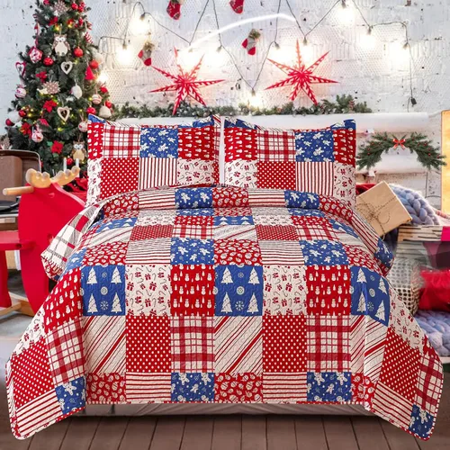 Vista 12 de Juego de colchas navideñas de tamaño queen, reversible, ropa de cama de Navidad rústica, colcha de cabaña, a cuadros, colcha transpirable, reno