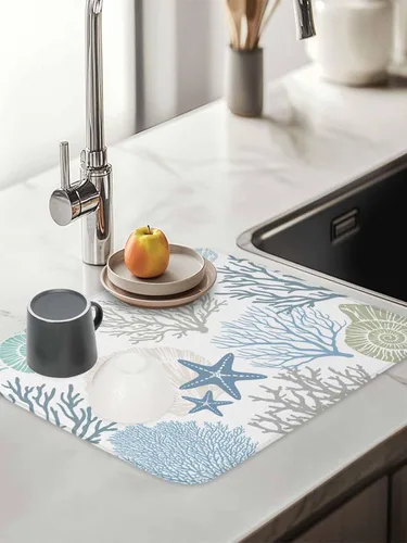 Vista 3 de Tapete de secado de platos de playa de verano para encimera de cocina, almohadilla de secado de microfibra para biberones de bebé, azul verdoso