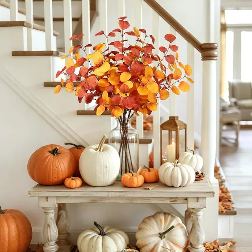 Vista 5 de Beferr Decoración de tallos de eucalipto de otoño, 5 piezas de ramas de eucalipto artificiales de 23 pulgadas, hojas de otoño, arreglos florales
