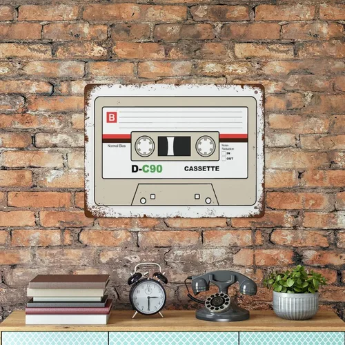 Vista 6 de Cinta de casete retro para pared, impresión de la vieja escuela, ilustración de casete de 1980 y 90, cinta mixta por divertido letrero de metal