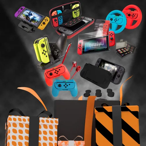 Vista 9 de Orzly Accessories Bundle Compatible with Nintendo Switch & OLED Case & Screen Protector, Joycon Grips & Racing Wheels, Controller Charge Dock
